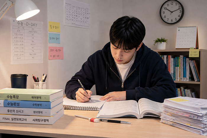 플래너와 시간표를 붙여두고 자기주도로 공부하는 학생의 책상