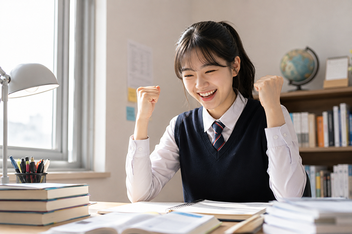 공부를 마치고 환하게 웃으며 두 주먹을 쥔 학생